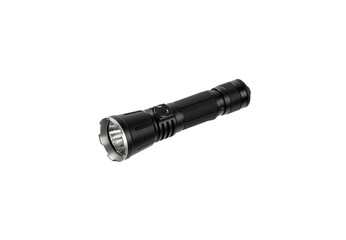 Modern metal LED flashlight. Portable lighting device. Isolate on a white back