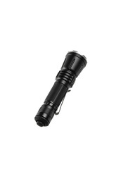 Modern metal LED flashlight. Portable lighting device. Isolate on a white back