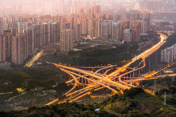 Chongqing elevated road junction and interchange overpass at night, Chongqing China