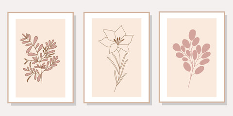 Abstract floral line art set of 3 minimalist prints. Vector design elements of nature for poster, prints, t-shirt, wall art, logo, banner, canvas prints, home decor, cover, wallpaper.