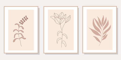Abstract floral line art set of 3 minimalist prints. Vector design elements of nature for poster, prints, t-shirt, wall art, logo, banner, canvas prints, home decor, cover, wallpaper.