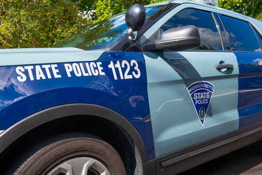 Massachusetts State Police trooper car in Quincy city center, Massachusetts MA, USA.