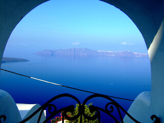 view of the sea from the window at Santorini, Greece