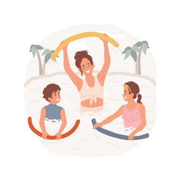 Aqua aerobics isolated cartoon vector illustration. Mother exercises together with kids, water aerobics, resort swimming pool activity, aqua fitness for family, active vacation cartoon vector.