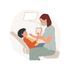 Dentist isolated cartoon vector illustration. Pediatric dentistry, child in dentists chair, medical equipment, doctor makes dental examination, kid opening moth, family clinic cartoon vector.