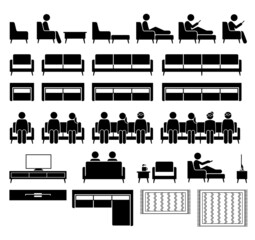 Fototapeta Sofa couch seating chair seater with people sitting. Vector illustrations icons pictogram of man and woman sitting on sofa and chair with footstool, coffee table, tv cabinet rack, and carpet rug. obraz
