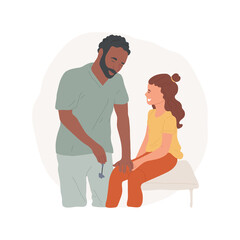 Neurologist isolated cartoon vector illustration. Child neurologist, doctor knocking with little hammer on the knee, pediatric neurology, family clinic visit, children health cartoon vector.