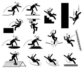 Warning sign, danger risk symbol, and safety precaution at workplace. Vector illustrations pictogram of entangle, slip, trip, fell down, hole, staircase, slippery, fragile roof, and moving floor.