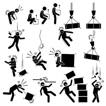 Warning sign, danger risk symbol, and safety precaution at workplace. Vector illustrations pictogram of manual handling, dangerous object things falling from above and dropping boxes hazard.