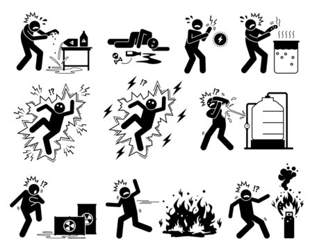 Warning sign, danger risk symbol, and safety precaution at workplace. Vector illustration pictogram of corrosive acid, poison, electrostatic, high voltage electricity, hot water, fire, and flammable.