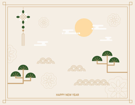 Sun, pines and clouds. Korean traditional Lunar New Year's card template. flat design style vector illustration.