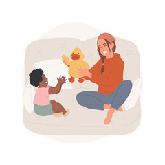 Babysitting isolated cartoon vector illustration. Teenager first job, summer work, smiling girl babysitting, young laughing teen playing with child sitting on couch cartoon vector.