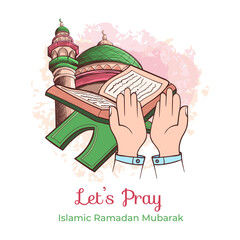 Flat ramadan praying illustration with hand, mosque and holy book of the koran