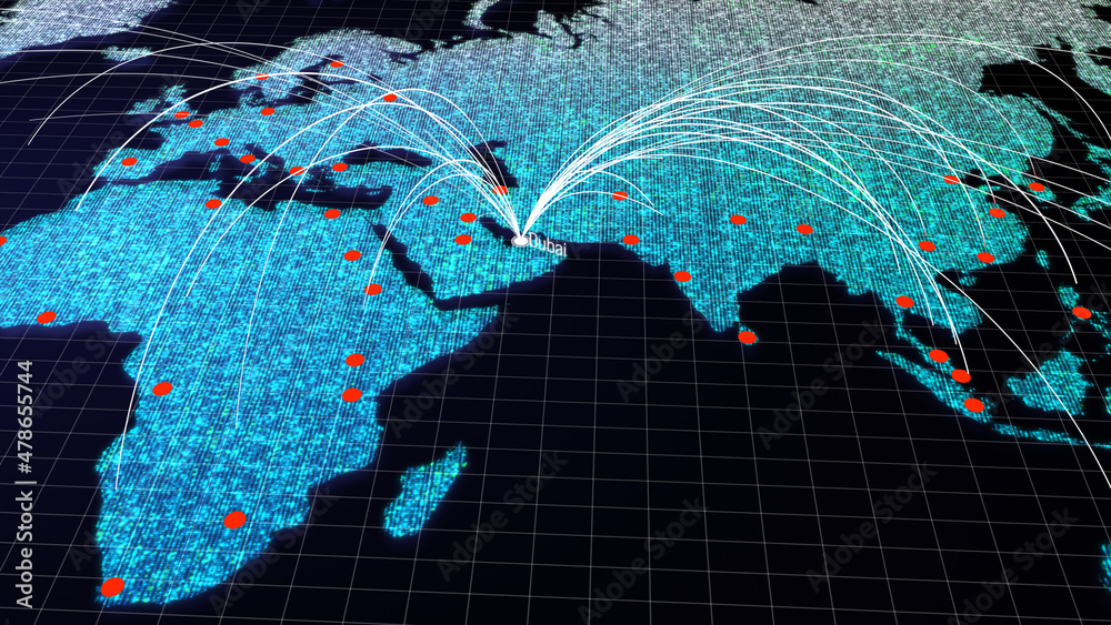 Aufkleber global connectivity from dubai to other major cities around the world. world map element furnished b