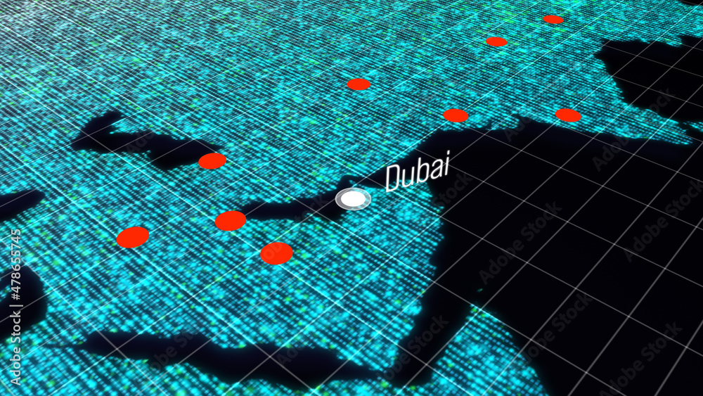 Poster global connectivity from dubai to other major cities around the world. world map element furnished b
