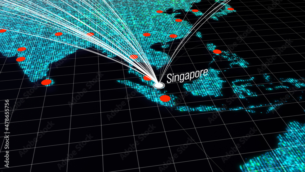 Poster global connectivity from singapore to other major cities around the world. world map element of this