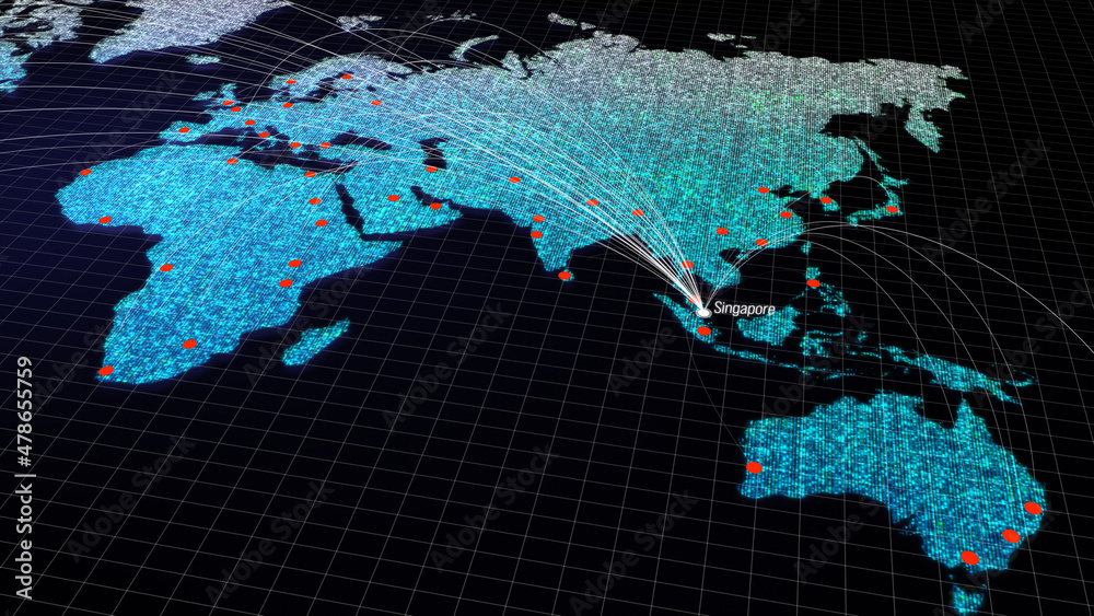 Poster global connectivity from singapore to other major cities around the world. world map element of this