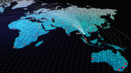 Global connectivity from Bangkok, Thailand to other major cities around the world. World map element of this clip furnished by NASA : https://visibleearth.nasa.gov/collection/1484/blue-marble