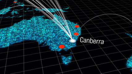 Global connectivity from Canberra, Australia to other major cities around the world. World map element of this clip furnished by NASA : https://visibleearth.nasa.gov/collection/1484/blue-marble