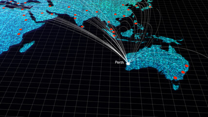 Global connectivity from Perth, Australia to other major cities around the world. World map element of this clip furnished by NASA : https://visibleearth.nasa.gov/collection/1484/blue-marble