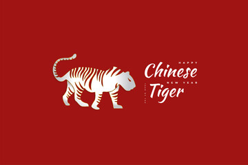Chinese New Year 2022 Year of The Tiger. Chinese New Year Banner with White and Gold Tiger Illustration Isolated on Red Background. 2022 Chinese Zodiac Sign Tiger