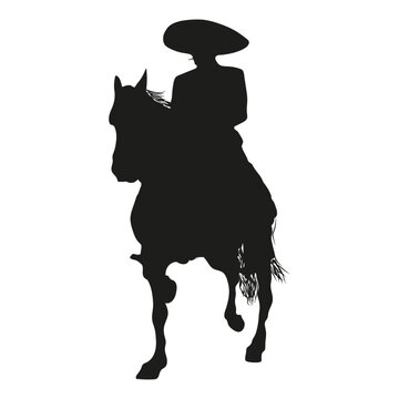 Charro or mexican cowboy vector. To ride a horse. Mexican charro, mariachi or cowboy rides a horse. Silhouette of a lonely mariachi with a charro hat. Mexican cowboy vector. Mexican mariachi.