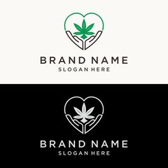 Hemp logo Hand holding weed with a marijuana leaf. Medical Cannabis oil. CBD oil extract. Natural Icon product label and logo graphic template. Isolated vector illustration.