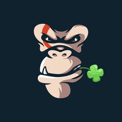 Illustration of Gorilla face bites Clover Leaf, cartoon mascot logo design vector