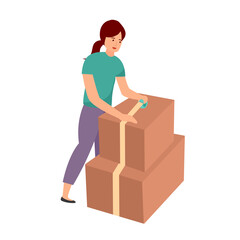 A woman packing order for shipping to customer. Making money by online business concept vector illustration. Drop ship company. Startup owner.
