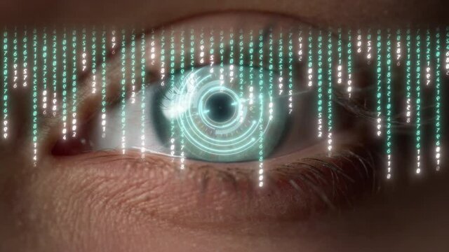 Macro digital matrix eye numbers scrolling hacker calculate data web connecting