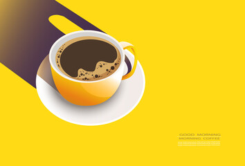 Yellow coffee Cup and shadow on yellow Background.  copy space with Good Morning,Morning Coffee Text. Vector,