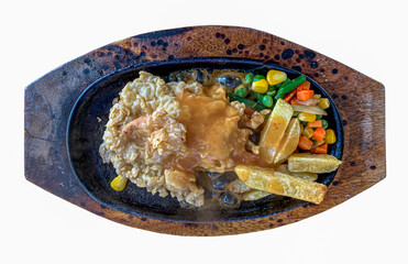Beef steak with wheat flour and vegetables, isolated on white background
