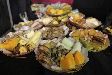 Indonesian traditional food. There are fried bananas, boiled sweet potatoes, boiled peanuts. Focus selected