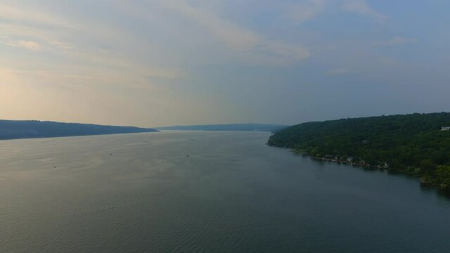Epic Aerial Pan View of Cayuga Lake and the Mountainside on a Cloudy Day - Part 2