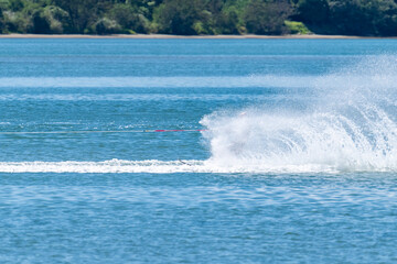 Skier hold tow row completely hidden in plume while water skiing on Tauranga harbour.
