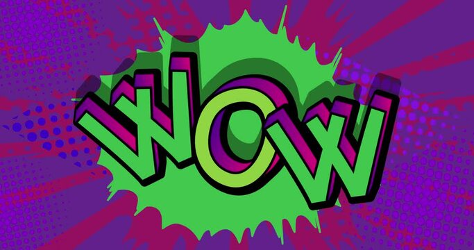 Wow. Motion poster. 4k animated Comic book word text moving on abstract comics background. Retro pop art style.