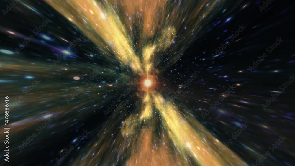 Wall mural flying star fields, many particles through hyper space warp orange green blue tunnel with center fla