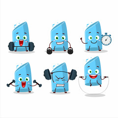 A healthy blue chalk cartoon style trying some tools on Fitness center