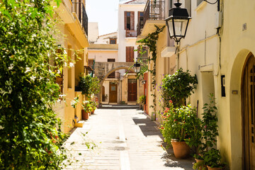 Rethymno Greece Crete. Walk around the old resort town Rethymno in Greece. Architecture and Mediterranean attractions on island Crete. Narrow touristic street in the tourist routes