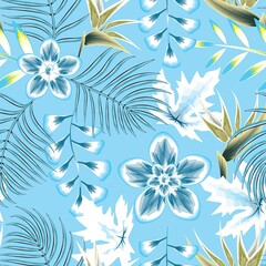 Fashionable seamless tropical pattern with bright plants and leaves on sky blue background. Beautiful exotic plants. Trendy summer Hawaii print. Colorful stylish floral. vector design. prints texture