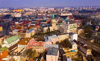 Aerial view of Lublin cityscape overlooking Catholic Archcathedral and Trinitarian Tower in spring...