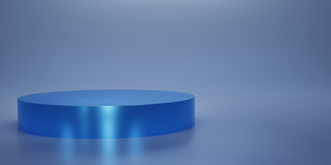 Shiny blue round pedestal or podium  with studio  backdrops. Blank display or clean room for showing product.Copy space for texts. Minimalist mockup for podium display or showcase. 3D rendering.