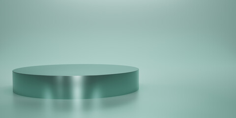 Shiny green round pedestal or podium  with studio  backdrops. Blank display or clean room for showing product. Copy space for texts. Minimalist mockup for podium display or showcase. 3D rendering.