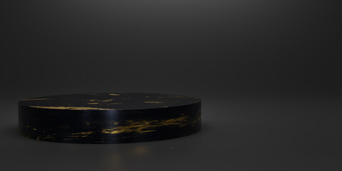 Abstract black marble with gold texture podium on studio  backdrops. Dark Blank display or clean room for showing product. Copy space. Minimalist mockup for podium display or showcase. 3D rendering.