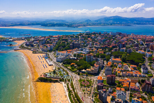Scenic view from drone of coastal Spanish town of Santander on sunny summer day, Cantabria