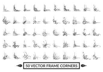 Fototapeta premium Set of 50 decorative corner frames. Vector illustration on white background. Abstract linear icon collection.