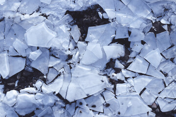 Background top view on shards of river ice