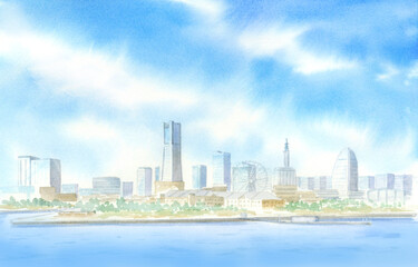 横浜の街並みの風景画　水彩画