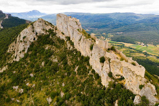 Aerial view of historic Castle ruin Peyrepertuse in the Aude in France