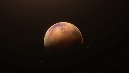 Planet mars sun rise isolate on dark. Mars planet from space. 3D illustration